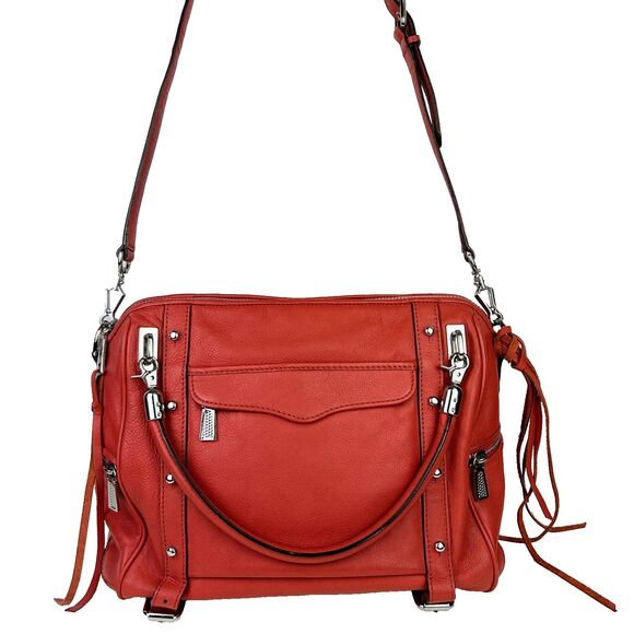 Rebecca Minkoff Cupid Satchel Crossbody Bag Orange Coral Leather Studded Pockets - Picture 2 of 16